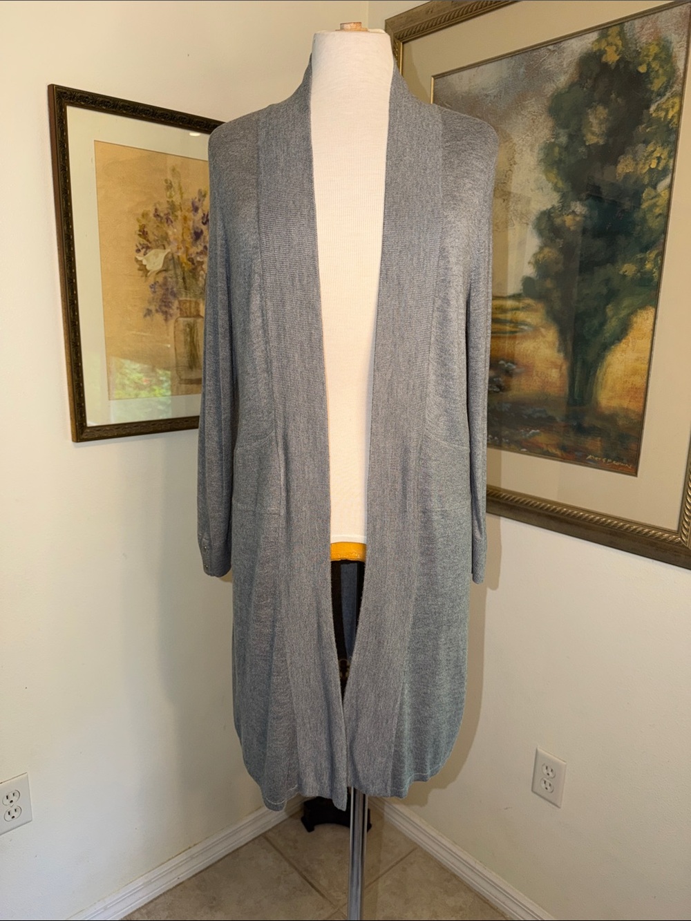 SWEATER-WHBM Light Gray Open-Front Women's Long Cardigan Sweater Size Small